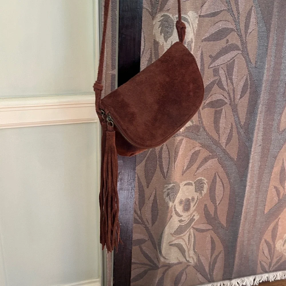 Genuine Suede Leather Crossbody Suede Tassel Bag Brown 2 Zip Festival Bag - Picture 15 of 16